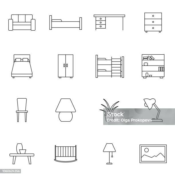 Furniture Related Vector Icon Set Wellcrafted Sign In Thin Line Style With Editable Stroke Vector Symbols Isolated On A White Background Simple Pictograms Stock Illustration - Download Image Now