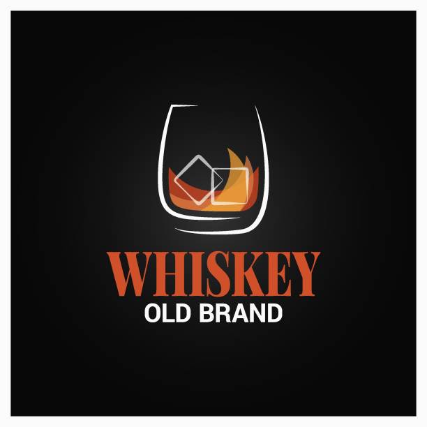 szklanka whisky z etykietą lodową. marka whisky design na czarnym tle - whisky glass ice cube alcohol stock illustrations