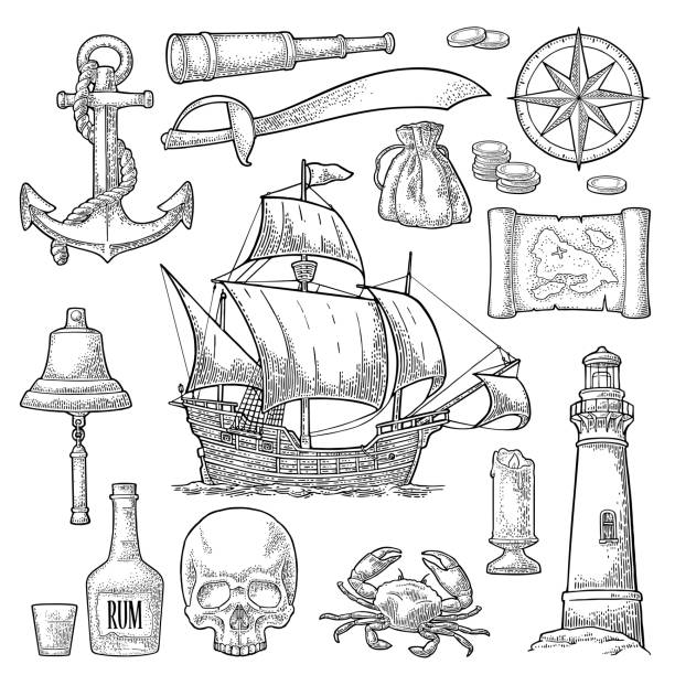 ilustrações de stock, clip art, desenhos animados e ícones de set pirate adventure. vector color vintage engraving - ship in a bottle bottle sailing ship nautical vessel