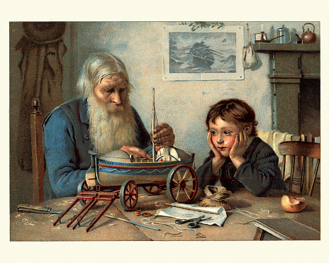 Vintage engraving of a Grandfather making model boat with his grandson, Victorian, 19th Century
