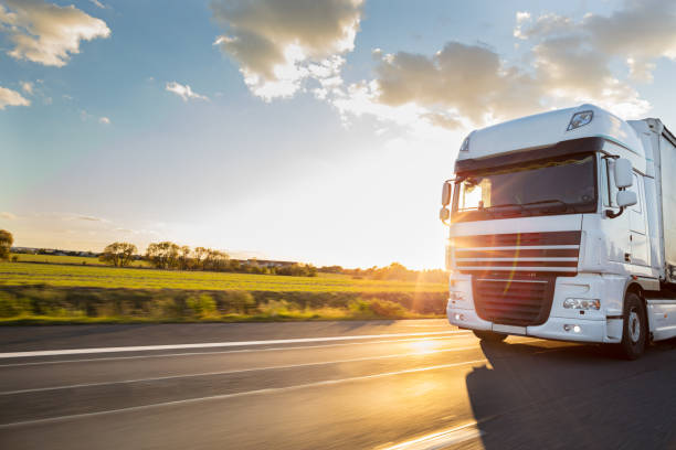 istock Truck with container on road, cargo transportation concept. 1060628108