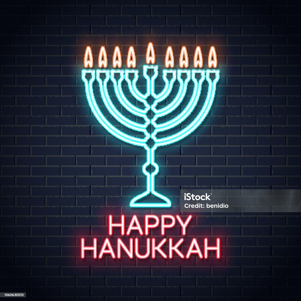 happy hanukkah neon sign on wall background happy hanukkah neon sign on wall background 10 eps Neon Lighting stock vector