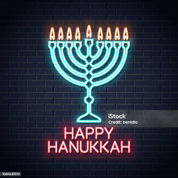 Happy Hanukkah Neon Sign On Wall Background Stock Illustration - Download Image Now - Neon Lighting, Menorah, Symbol