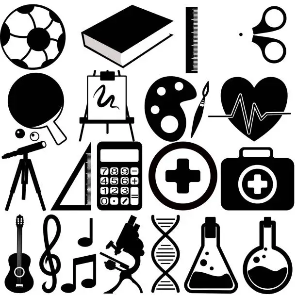 Vector illustration of School subjects, sports and arts icons set (Science, chemistry, calculus, arts and sports)