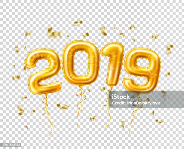 Realistische 2019 Gold Luftballons Konfetti Silvester Stock Vektor Art und mehr Bilder von Luftballon