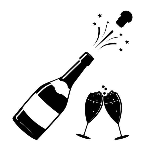 シャンパン、またはワインのアイコン。シャンパン ボトルとグラスのシルエット。図像。ベクトルの図。 - champagne celebration glass black点のイラスト素材／クリップアート素材／マンガ素材／アイコン素材