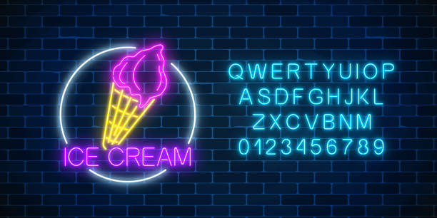 Neon glowing sign of cake with glaze in circle frame with alphabet. Fastfood light billboard symbol. Cafe menu item. Neon glowing sign of cake with glaze in circle frame with alphabet on a dark brick wall background. Fastfood light billboard symbol. Cafe menu item. Vector illustration. neon sign ice cream stock illustrations