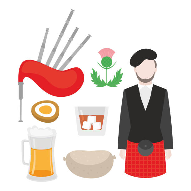 Flat symbol of Scotland, United Kingdom. Man bagpiper in national clothing, scottish musical instrument bagpipe and thistle sign. Food traditional haggis, whiskey, beer and eggs. Flat symbol of Scotland, United Kingdom. Man bagpiper in national clothing, scottish musical instrument bagpipe and thistle sign. Food traditional haggis, whiskey, beer and eggs. sporran stock illustrations
