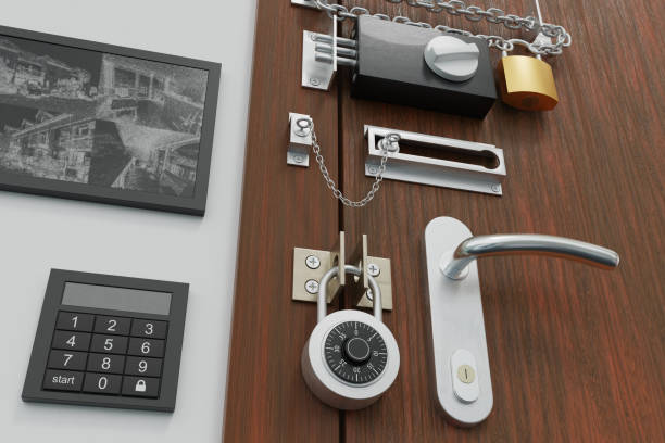 Safety and security concept. Door with many locks. 3D rendered illustration. stock photo