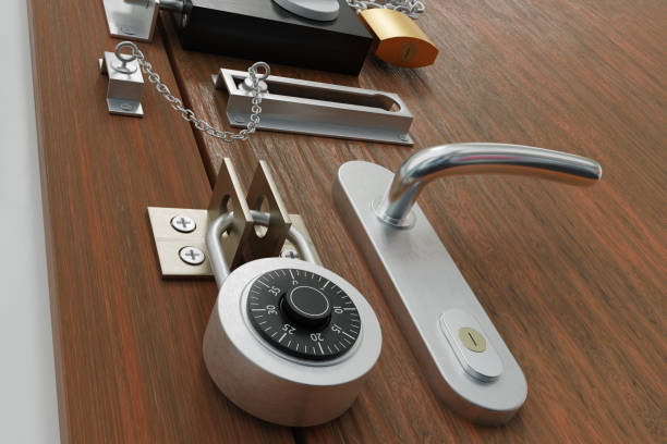 istock Safety and security concept. Door with many locks. 3D rendered illustration. 1060663426