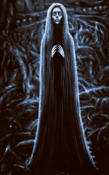 istock Sorceress in long dress. Blue background 1060665020