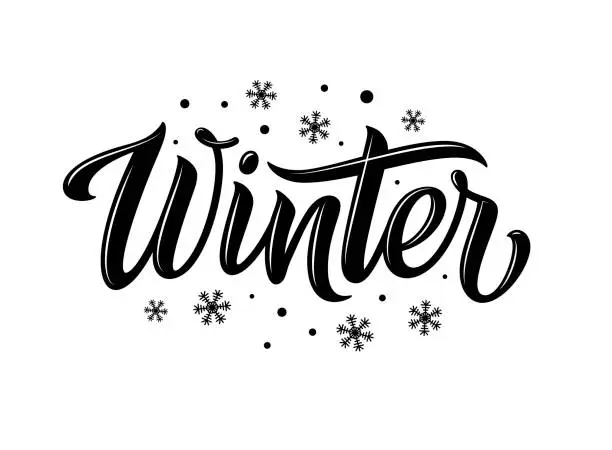 Vector illustration of Winter. Snowflakes and snow with winter text, word and lettering. Winter concept, logo template and sign. Horizontal format. Vector illustration for print and web. EPS10.