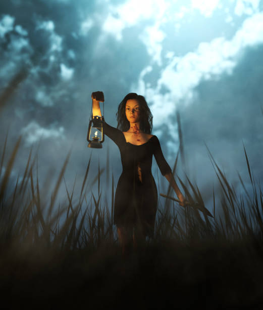 istock Survivor woman carrying an axe in field at night 1060672128