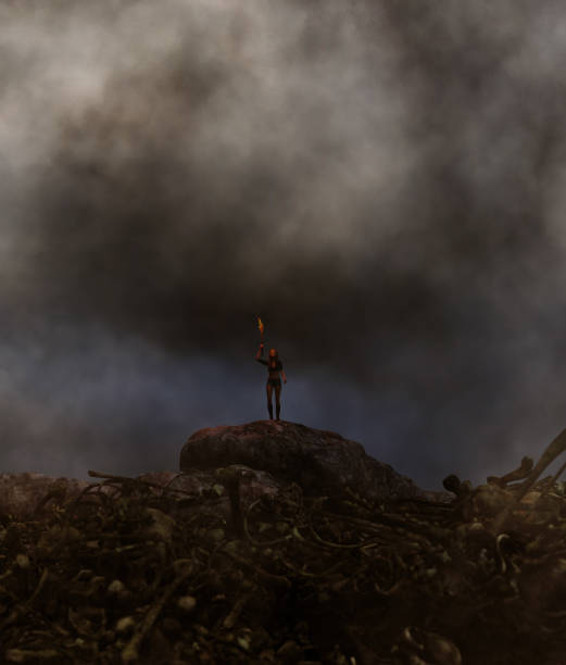 istock Girl with torch light lost in mystery place 1060672734