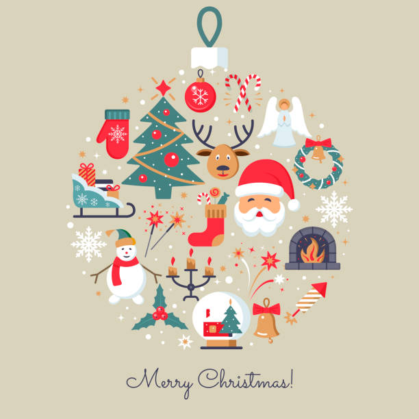 New Year Outline icons. Merry Christmas icons. Elegant minimal design in flat style. Christmas party elements. Colorfull pictograms for web site design and mobile apps. santa sleigh cutout stock illustrations