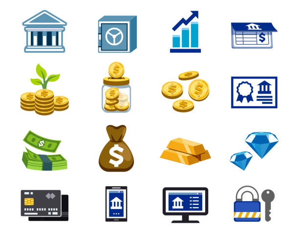 korzystanie z ogólnej usługi bankowej (koncepcja ikony). transakcje finansowe, depozyt i zachować skarb z bankiem. - economize stock illustrations