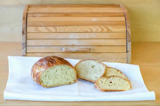loaf of sliced white handicraft bread, on the table near the breadbasket on a white tablecloth