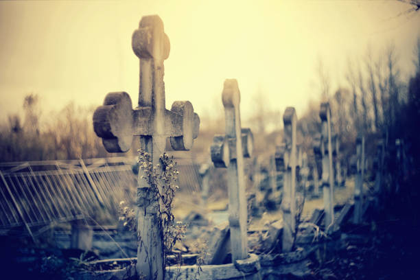 Spooky graveyard at night. 3D generated image.
