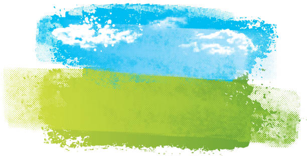 Grunge vektor lanskap biru dan hijau dengan tekstur setengah nada