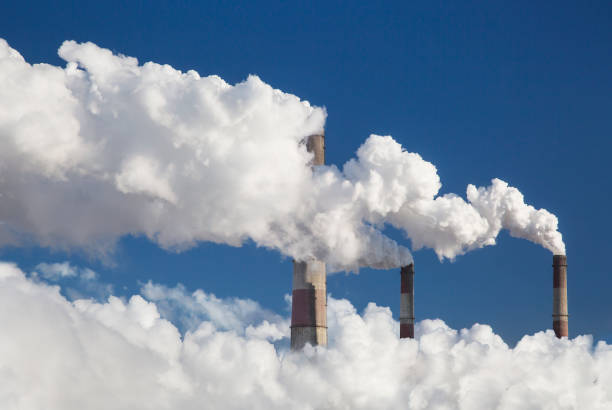 Smoking chimney of industrial buildings complex
