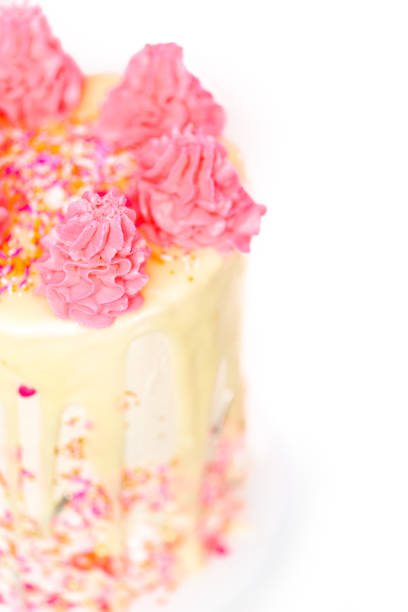 istock Pink and white buttercream cream cake with pink sprinkles 1060728028