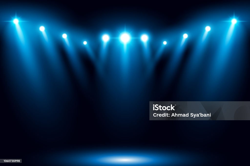 Blue stage arena lighting background with spotlight Stadium light background illustration Backgrounds stock vector