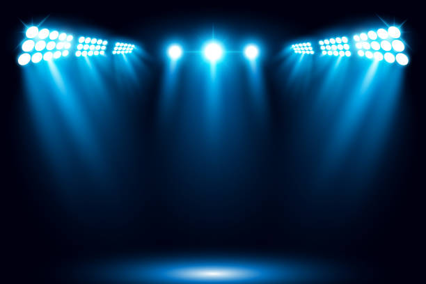 ilustrações de stock, clip art, desenhos animados e ícones de blue stage arena lighting background with spotlight - club soccer