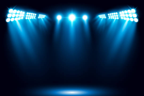 синий фон освещения арены сцены с прожектором - indonesia football stock illustrations