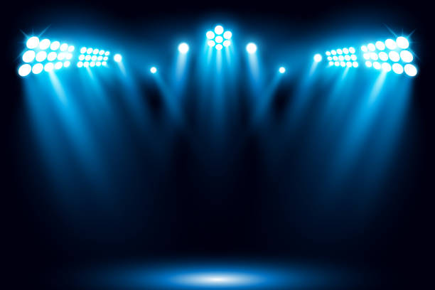 ilustrações de stock, clip art, desenhos animados e ícones de blue stage performance lighting background with spotlight - stadium