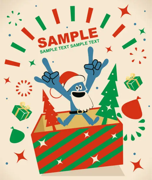 Vector illustration of Blue man with santa hat and beard jumping out from a huge gift box showing rock hand sign (heavy metal, rock-n-roll)