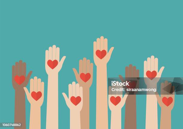 Vetores de Mãos Levantadas Voluntariado e mais imagens de Mão - Mão, Caridade e assistência, Símbolo do Coração