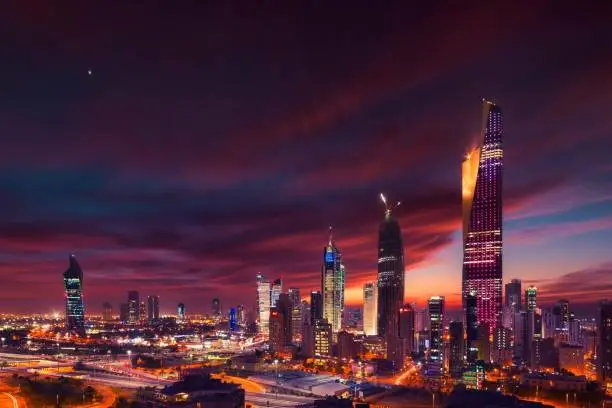 Amazing view to kuwait skyline at sunset