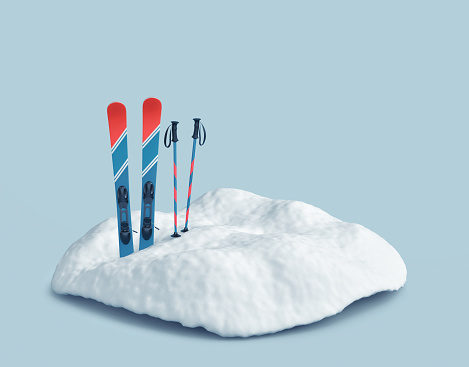 Ski in snow on blue background. Winter holidays and skiing concept. 3D rendering
