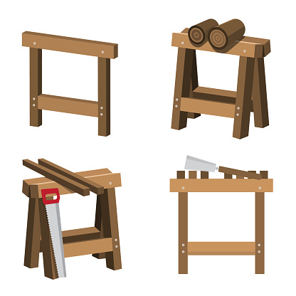 Sawhorses for Carpenters and Joiners with Wood and Saws. Saw on Trestle - Sawhorse Vector Illustration.