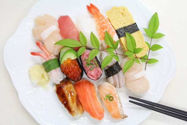 sushi su sfondo bianco - sashimi white prepared fish hamachi foto e immagini stock