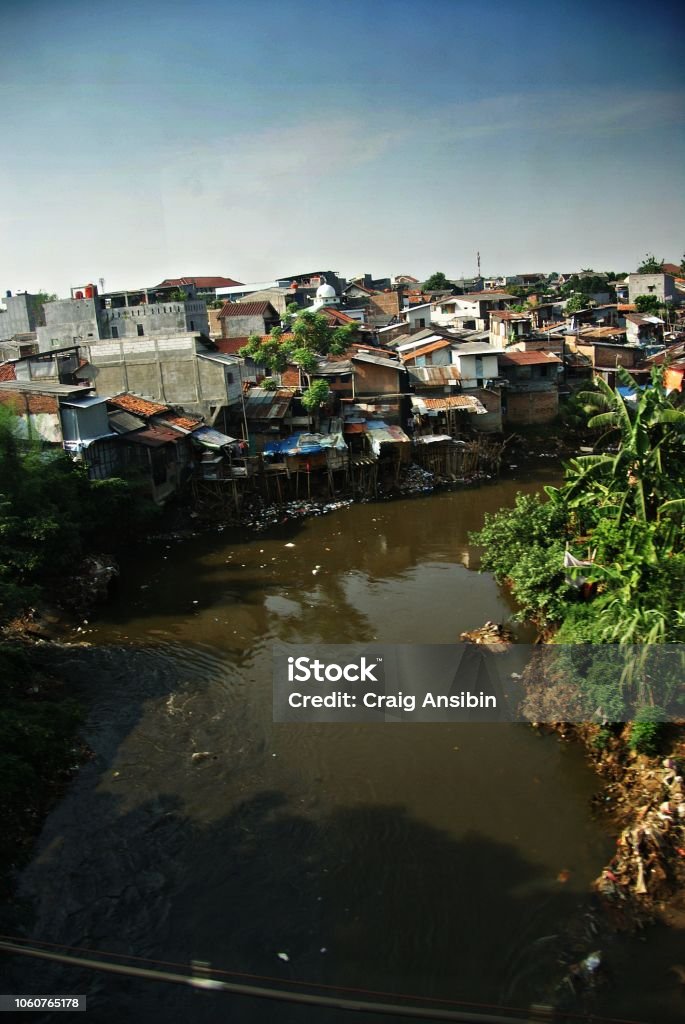 Jakarta slums area seen from a moving train Aerial View Stock Photo