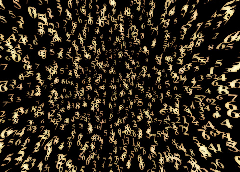 Background of random, gold-colored, motion-blurred numbers on black.