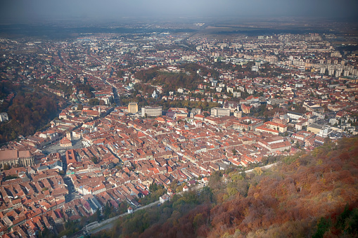 Top view of the medieval Brasov city in Romania, Transylvania