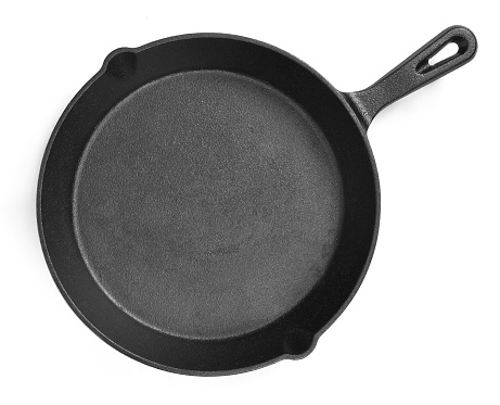 Cast iron pan with empty space, isolated on white background. Cut out object with high angle view and copy space.