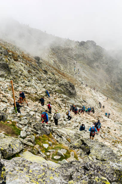 tłumy turystów wyruszy na popularny szczyt rysy. tatry. - adulation little boys group of people teenage girls zdjęcia i obrazy z banku zdjęć