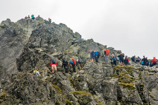 muchos turistas a pesar del mal tiempo en el camino hacia el pico rysy popular. las montañas de tatra. - adulation little boys group of people teenage girls fotografías e imágenes de stock