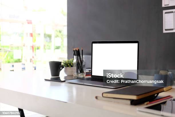 Laptop Mock Up Workplace Marketing Accounting Business Desk Stock Photo - Download Image Now