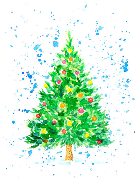 istock Christmas Fir Tree with Balls Covered by Snowflakes as Postcard. Watercolor Hand Drawn and Painted. Isolated on White 1060784940