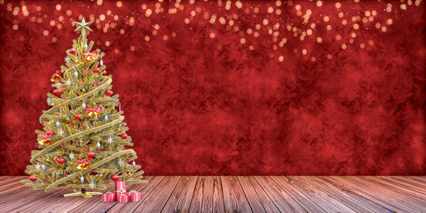 istock Christmas tree with presents on a wooden floor, gift card template 1060785648