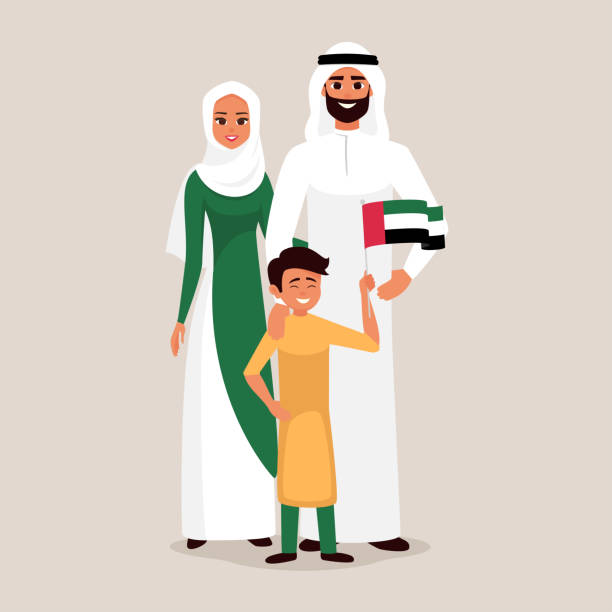 illustrazioni stock, clip art, cartoni animati e icone di tendenza di famiglia felice che celebra il giorno dell'indipendenza degli emirati arabi uniti. - islam women men arabia