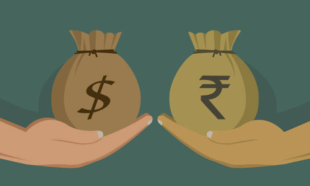 Money bags with Indian Rupee and Dollar Money bags with Indian Rupee and Dollar. Concept for money exchange rupee symbol stock illustrations