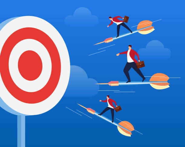 ilustrações de stock, clip art, desenhos animados e ícones de three businessmen stand on darts and fly together to the bulls eye - target aspirations bulls eye dart