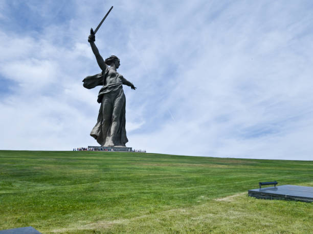 View of the burial place of a huge number of soldiers who died for the protection of the Motherland and the monument Motherland calls in Volgograd stock photo
