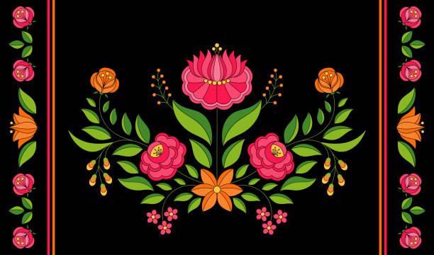 ハンガリーの民俗パターン ベクトル。カロチャの花民族飾り。従来スラブ東ヨーロッパの印刷黒の背景に。腰椎ピローケースの長方形のビンテージ花のデザイン。 - pillow cushion embroidery homewares点のイラスト素材／クリップアート素材／マンガ素材／アイコン素材