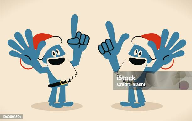 Blue Man With Santa Hat And Beard Gesturing Number 6 And Number 7 Hand Sign Stock Illustration - Download Image Now